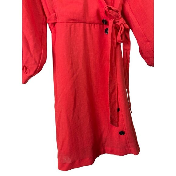 Lulus Women's Faux Wrap Dress Red Puffed Sleeve Button Accents Tie Size S - Picture 5 of 14